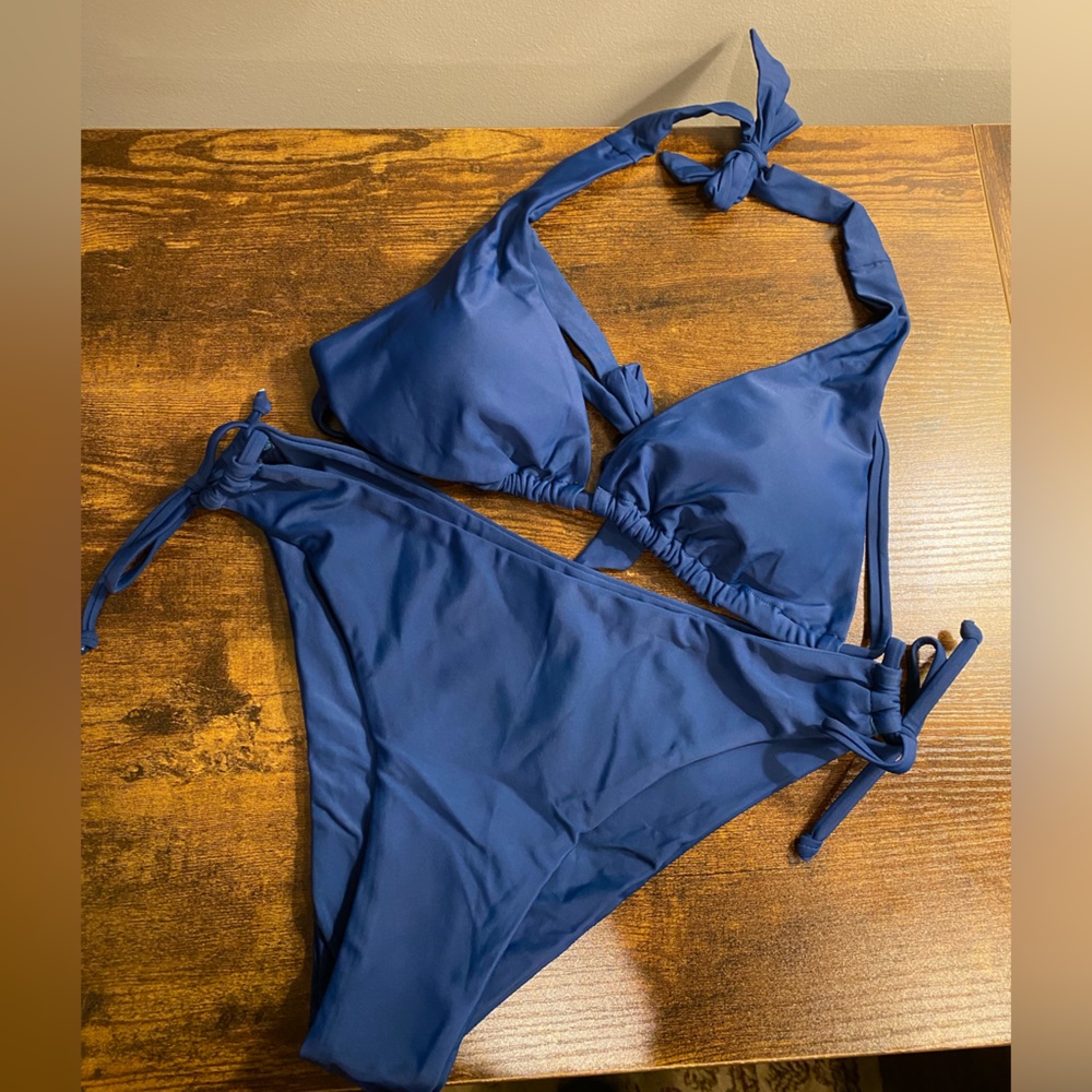 NEW SHEIN Royal Navy Blue Halter Triangle Tie Bikini set Size Lrg